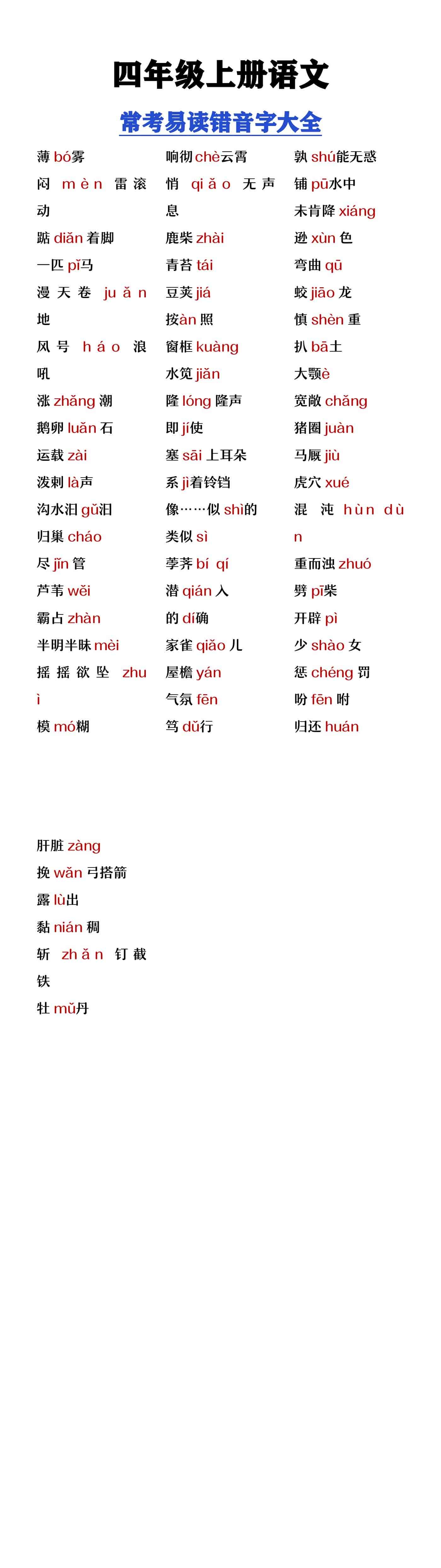 四年级上册语文常考易读错音字大全