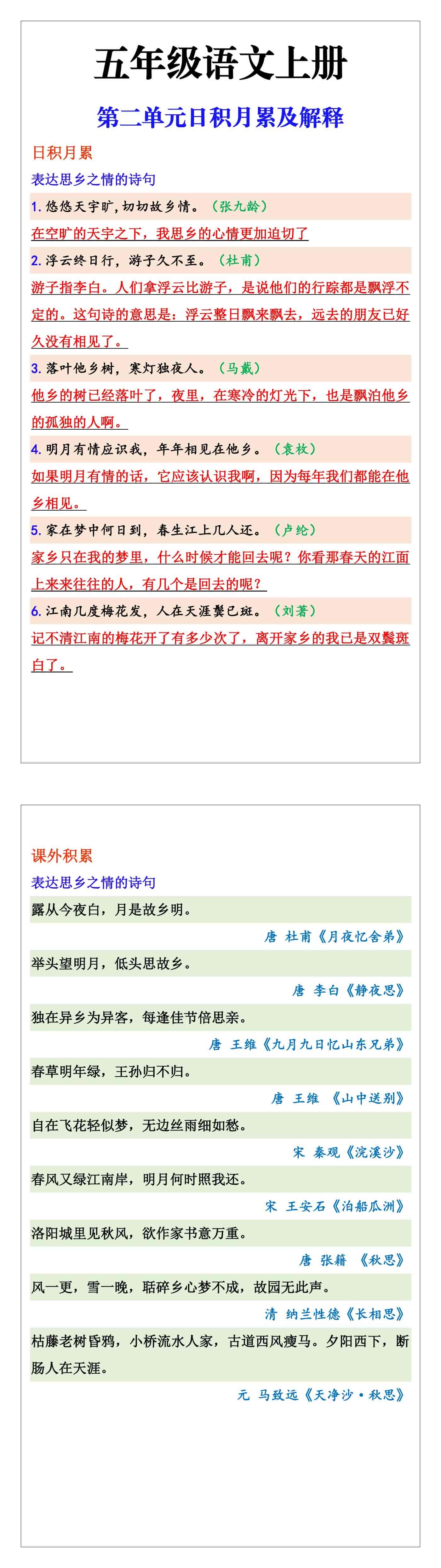 五年级语文上册第二单元日积月累及解释