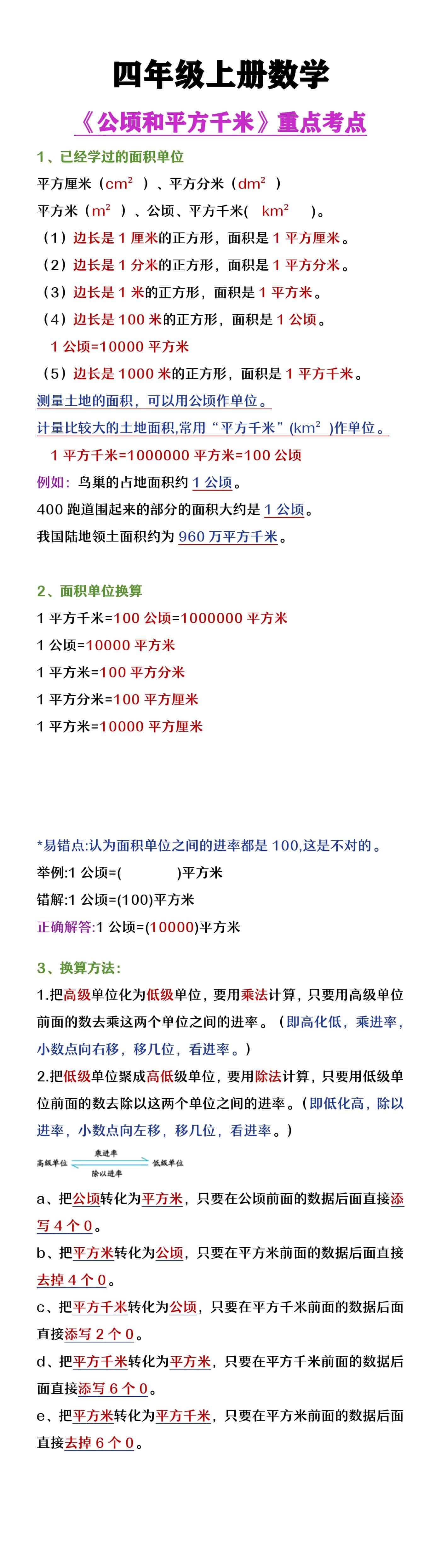 四年级上册数学《公顷和平方千米》重点考点梳