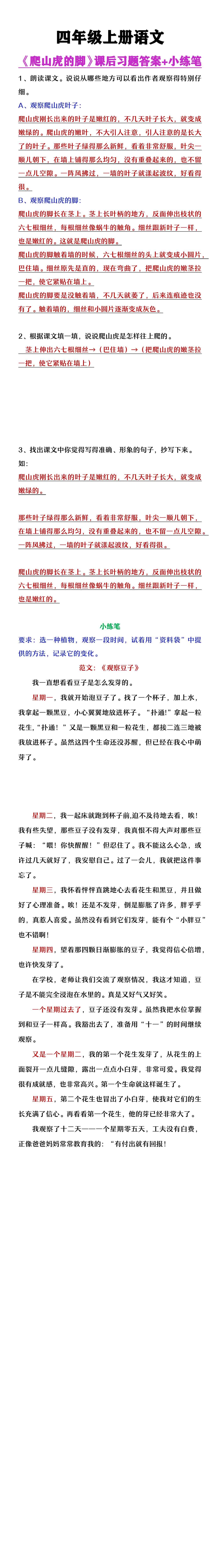 四年级上册语文《爬山虎的脚》课后练习答案+小