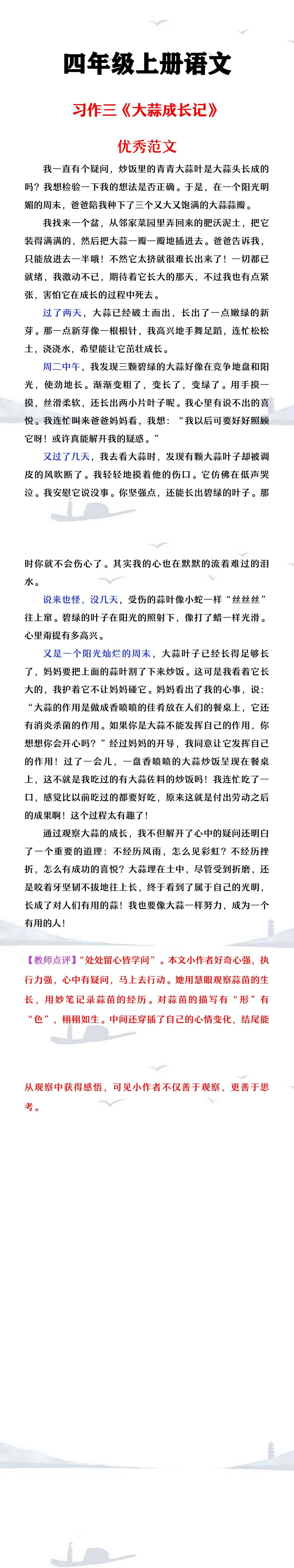 四年级上册语文习作三《大蒜成长记》优秀范文