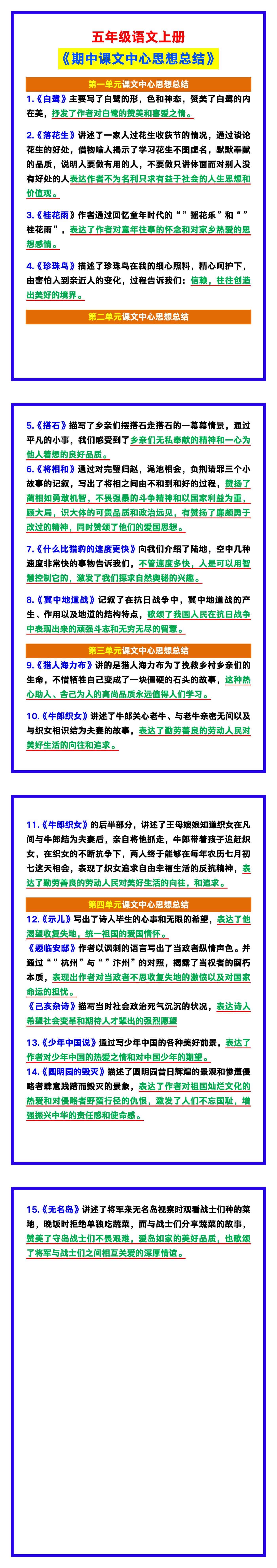 五年级语文上册《期中课文中心思想总结》，收