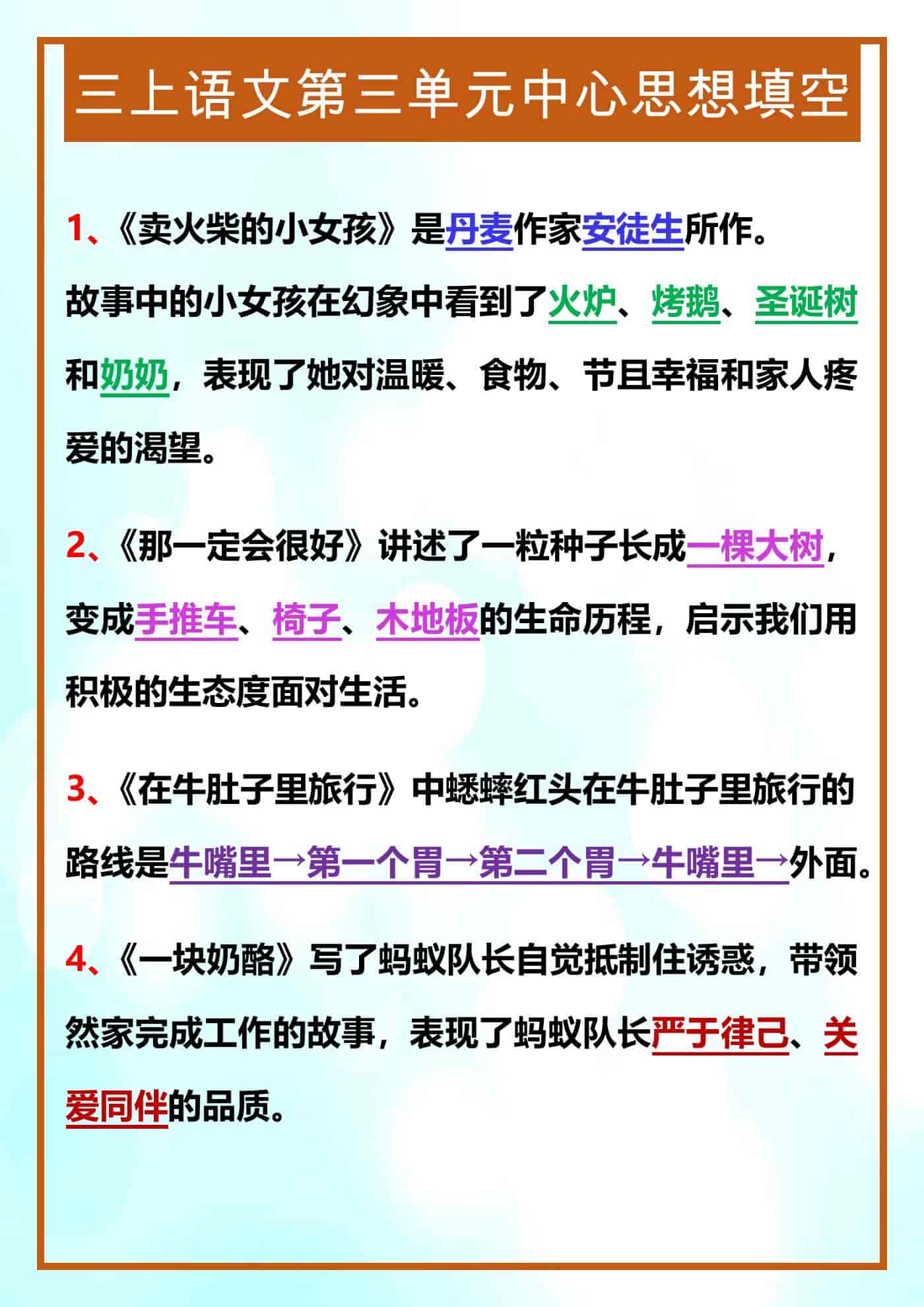 三年级上册语文第三单元中心思想填空