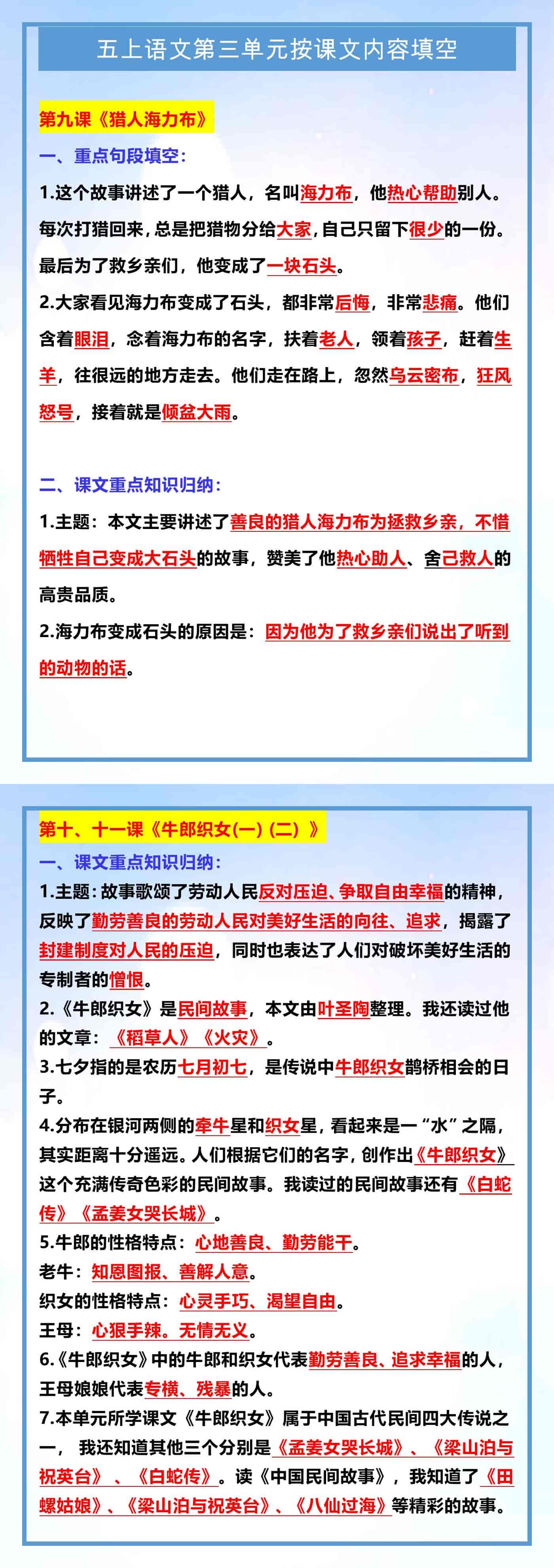 五年级上册语文第三单元按课文内容填空