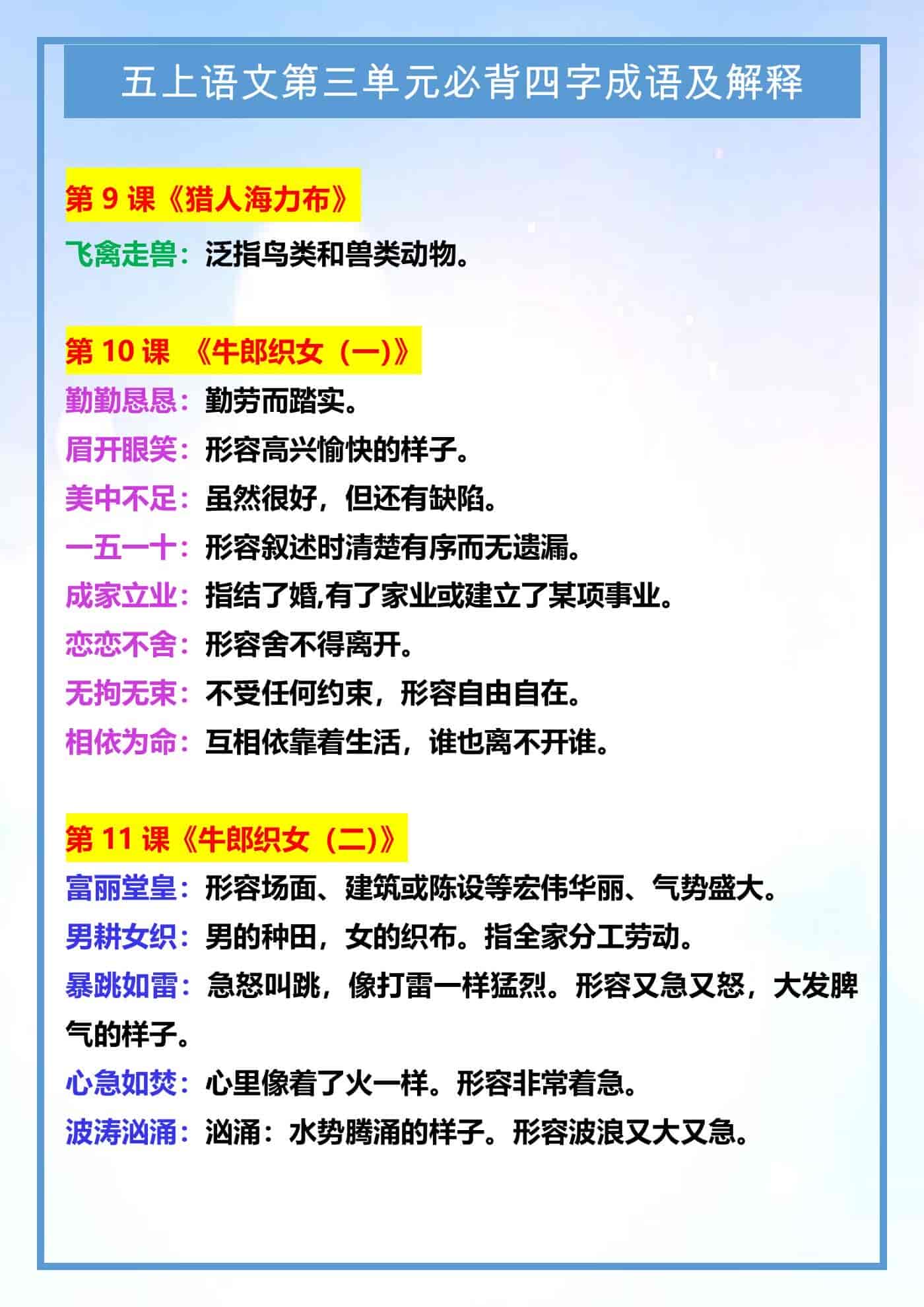 五年级上册语文第三单元必背四字成语及解释