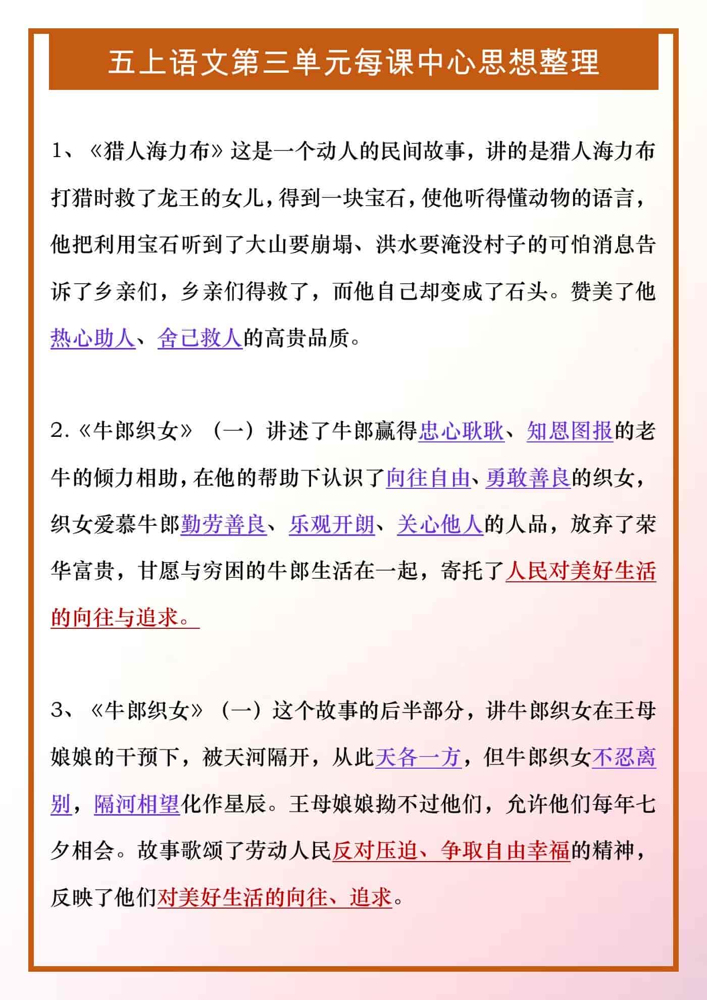 五年级上册语文第三单元每课中心思想整理