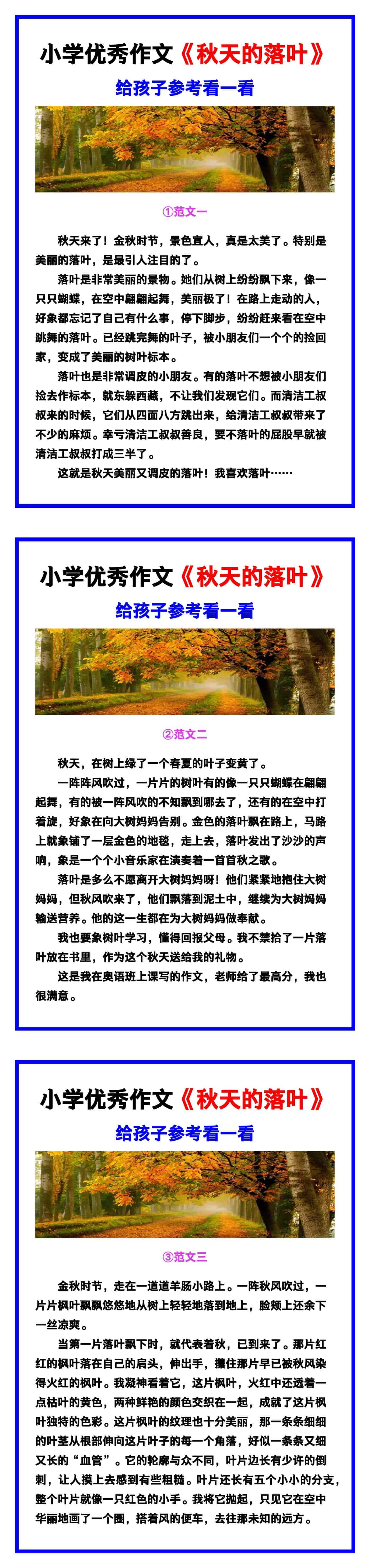 小学生优秀作文《秋天的落叶》范文汇总，替孩