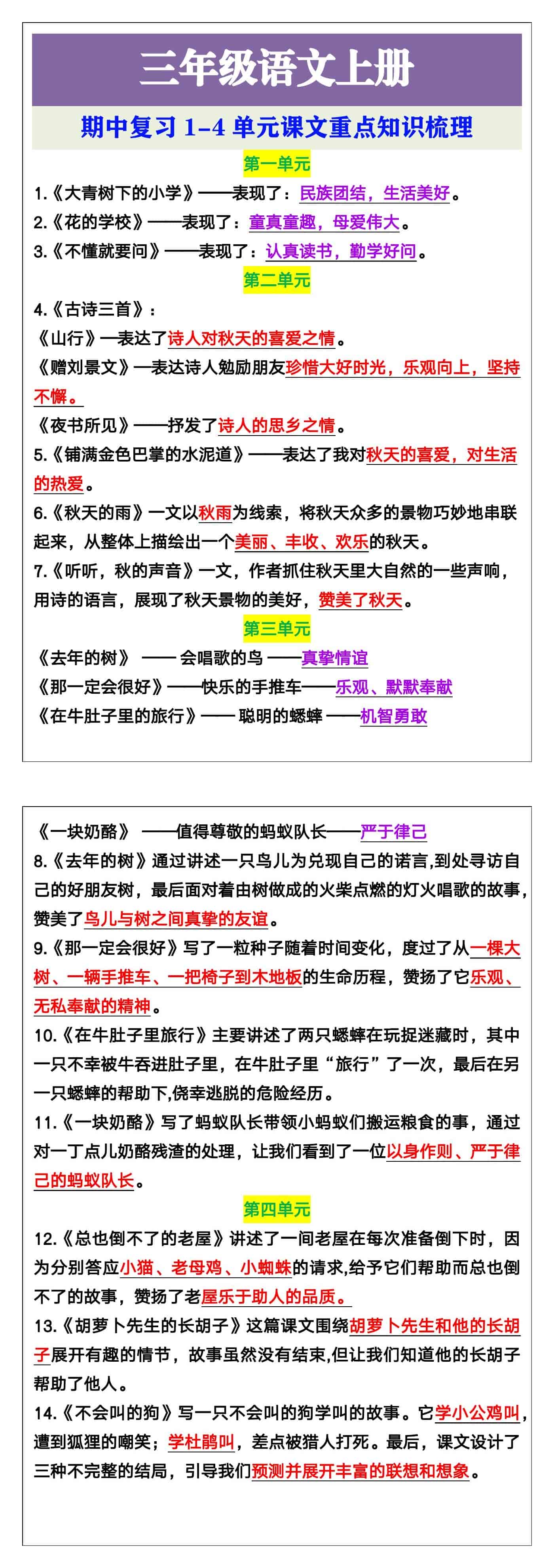 三年级语文上册期中复习课文重点知识梳理