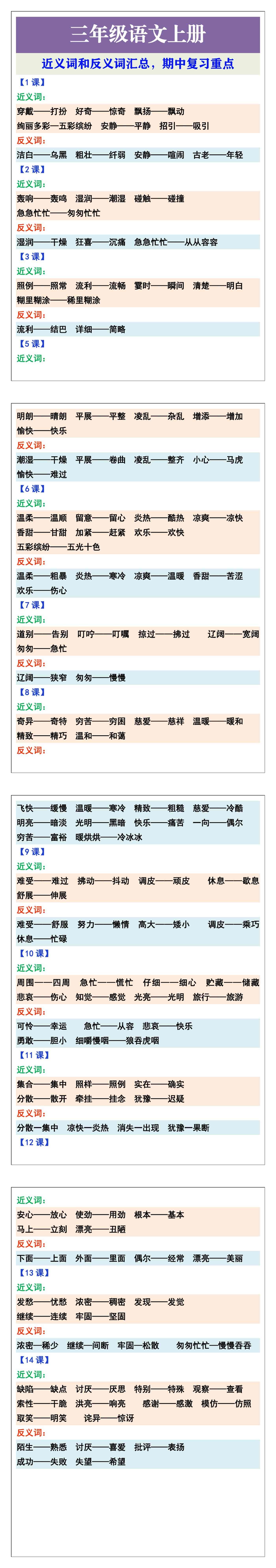 三年级语文上册近义词和反义词汇总，期中复习