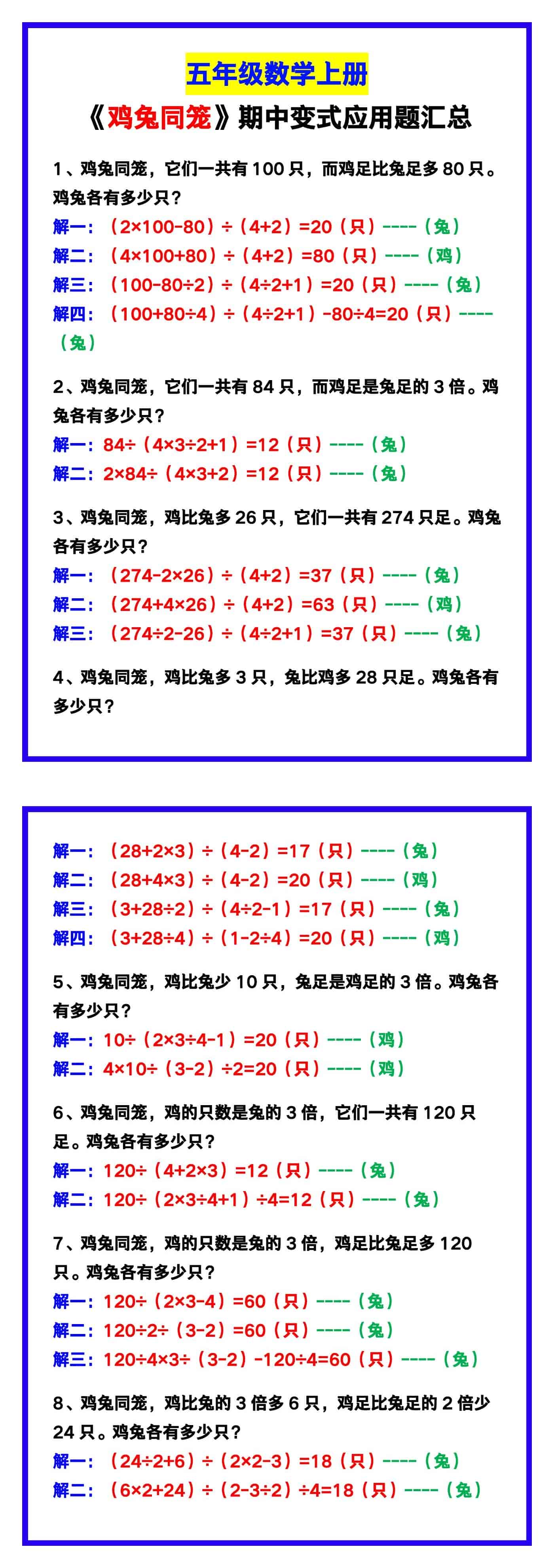 五年级数学上册《鸡兔同笼》变式应用题汇总，