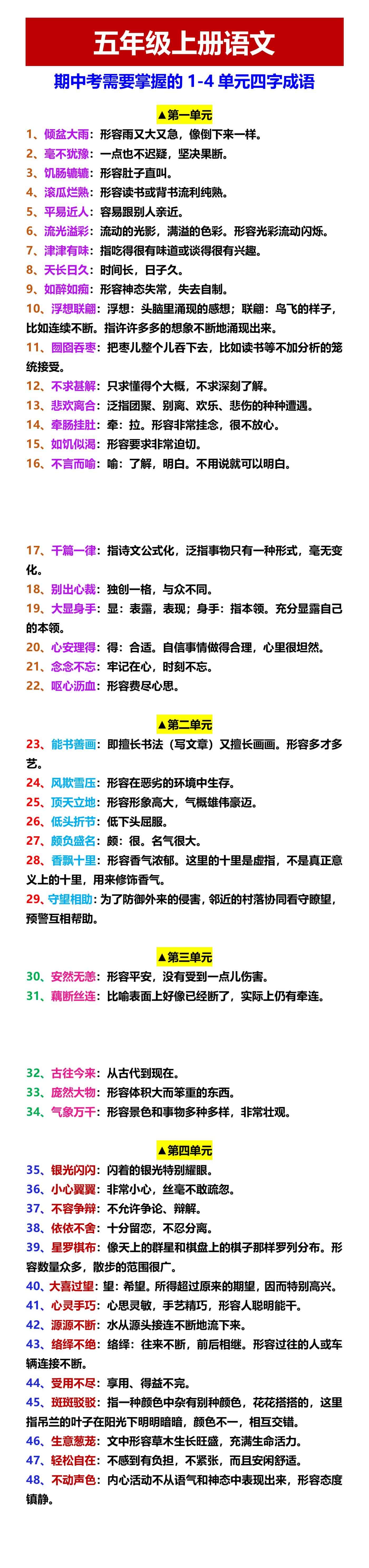 五年级上册语文 期中考需要掌握的1-4单元四字成