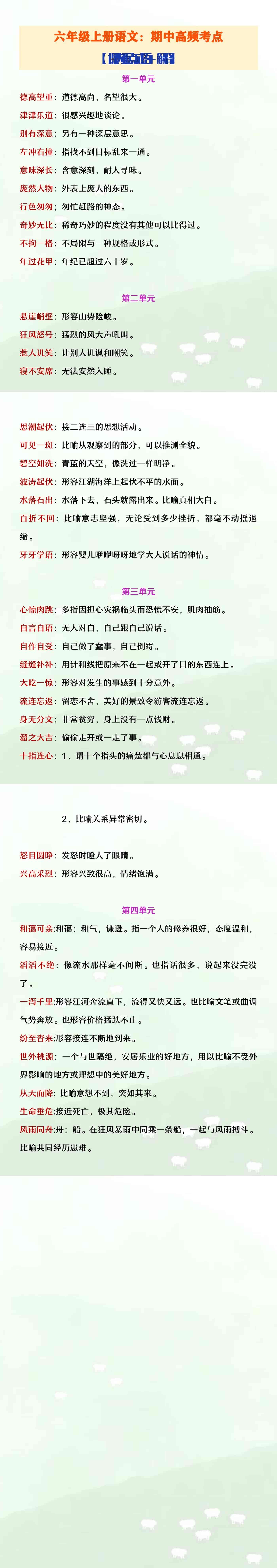六年级上册语文期中高频考点课内重点成语及解
