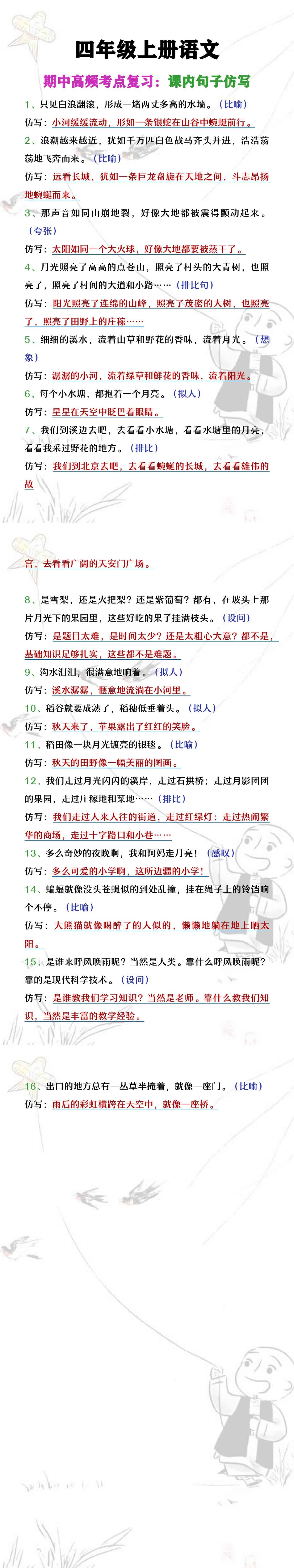 四年级上册语文期中高频考点复习《课内句子仿