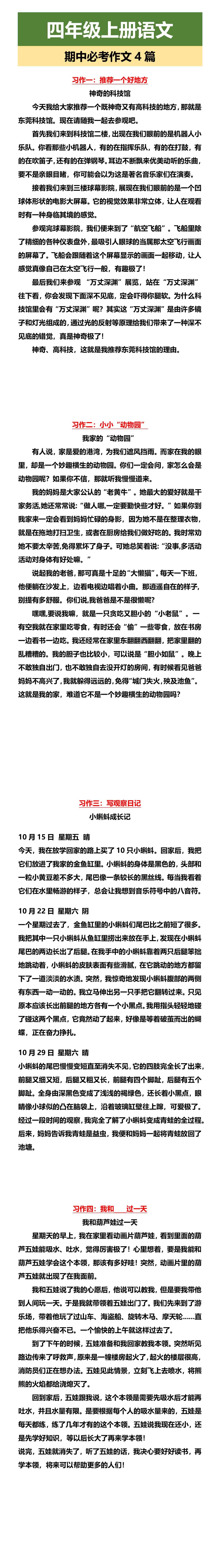 四年级上册语文 期中必考作文4篇