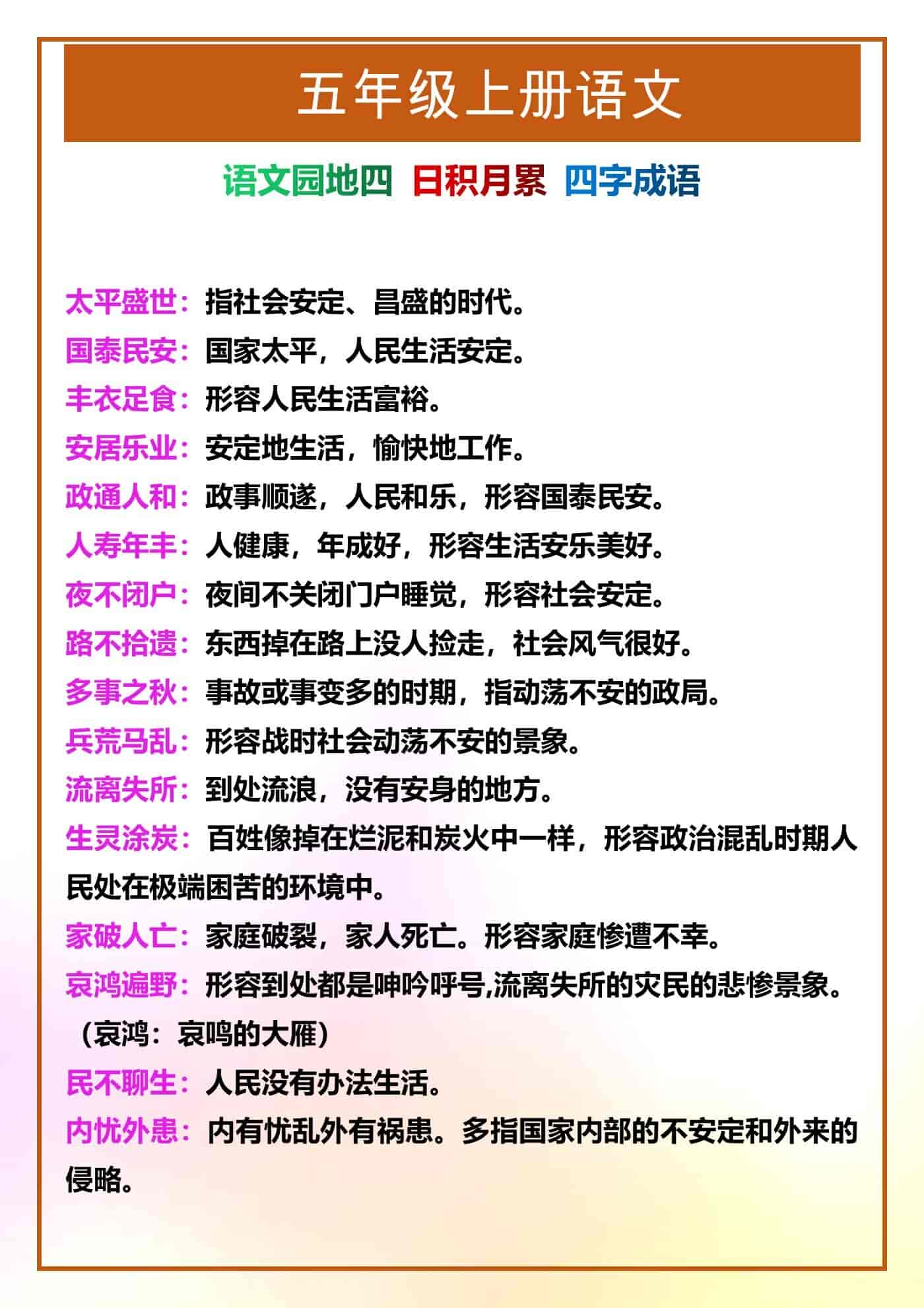 五年级上册语文园四必背四字成语及解释