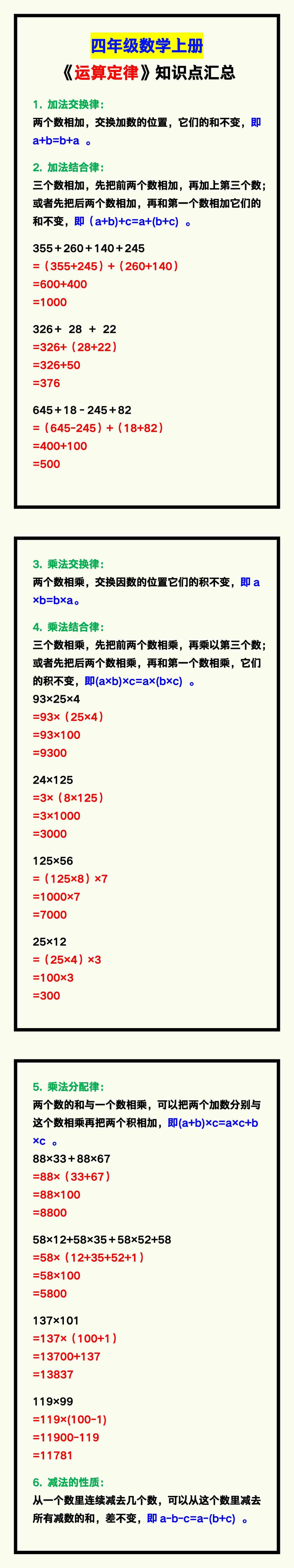 四年级数学上册《运算定律》知识点汇总，孩子