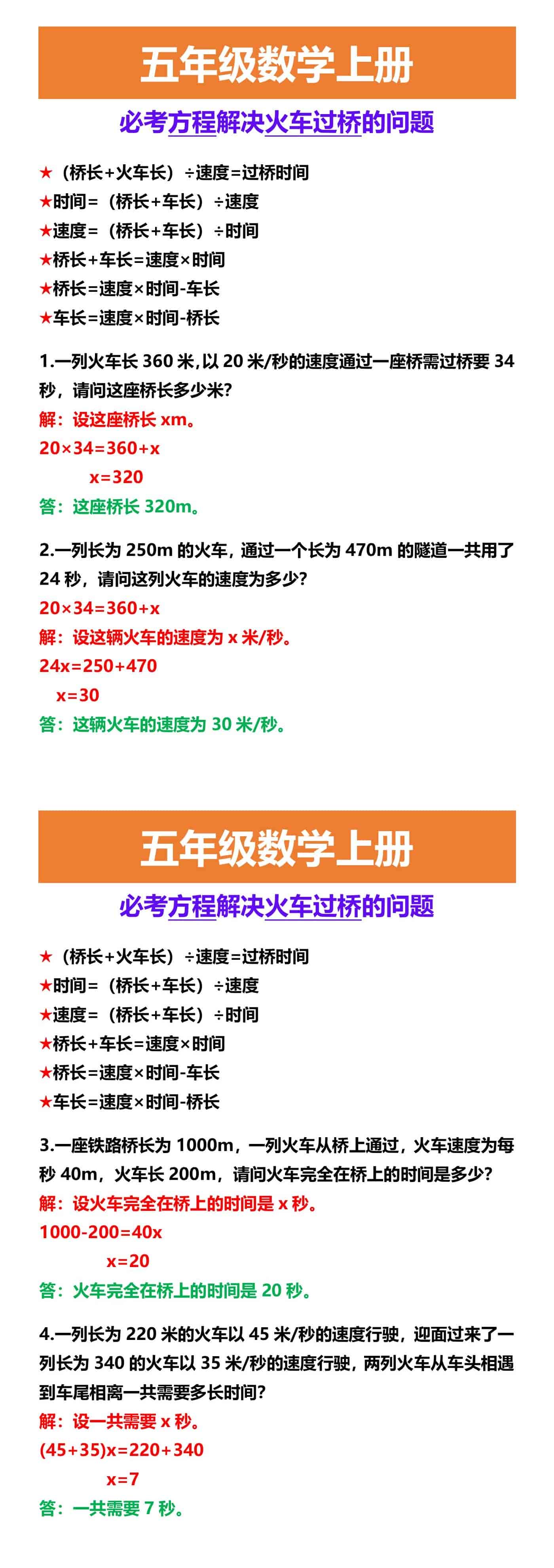 五年级数学上册 必考方程解决火车过桥的问题
