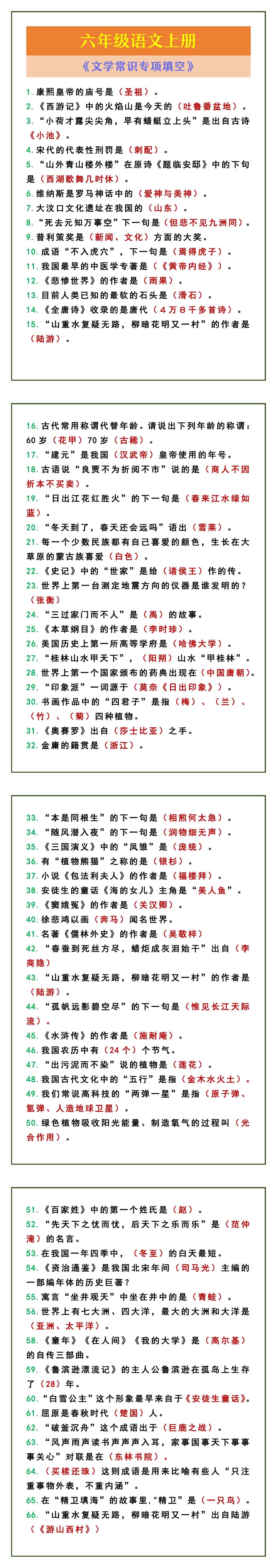 六年级语文上册 《文学常识专项填空》