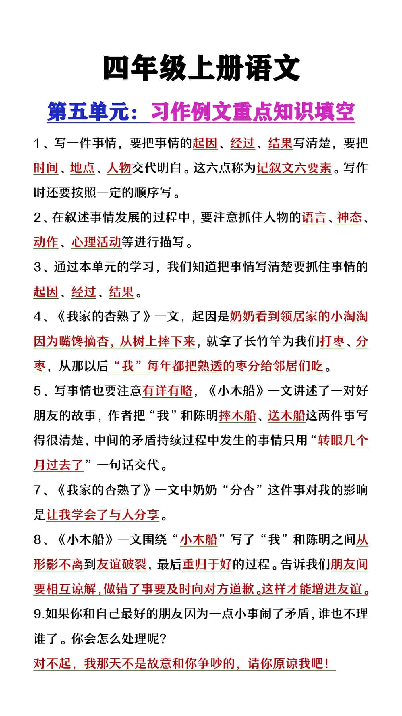 四年级上册语文习作例文重点知识填空题