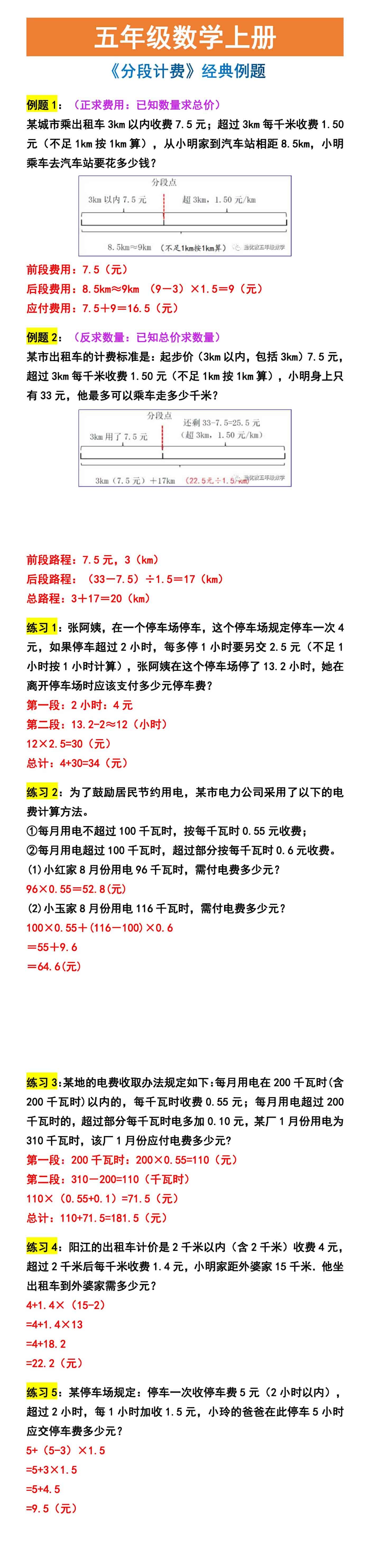 五年级数学上册 《分段计费》经典例题