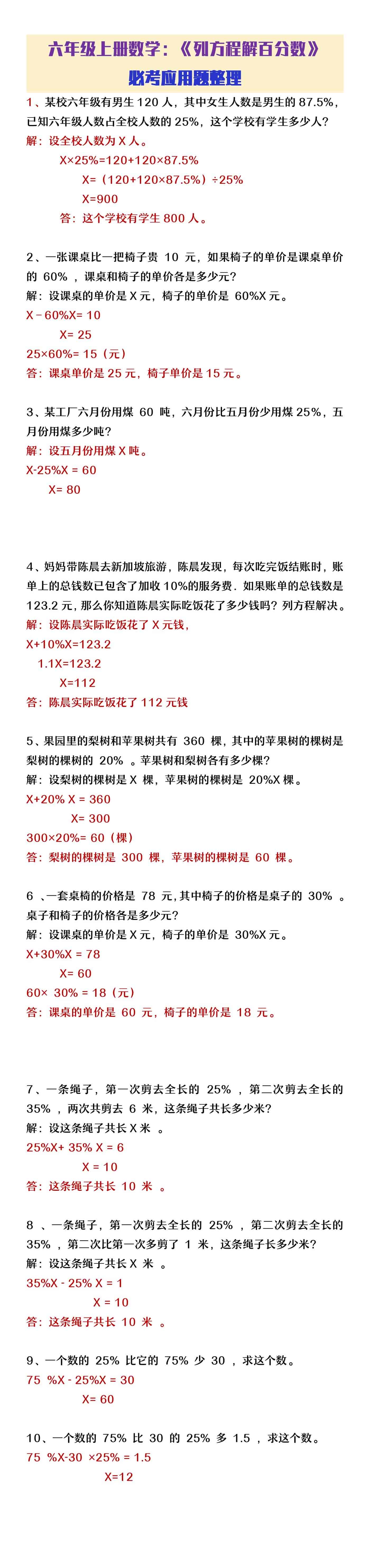 六年级上册数学列方程解百分数应用题