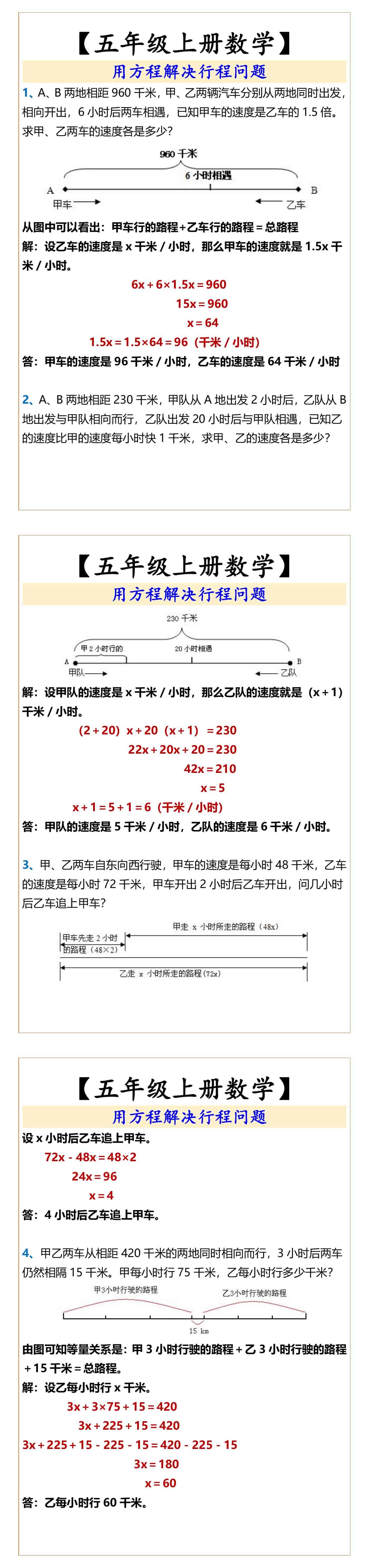 五年级上册数学 用方程解决行程问题