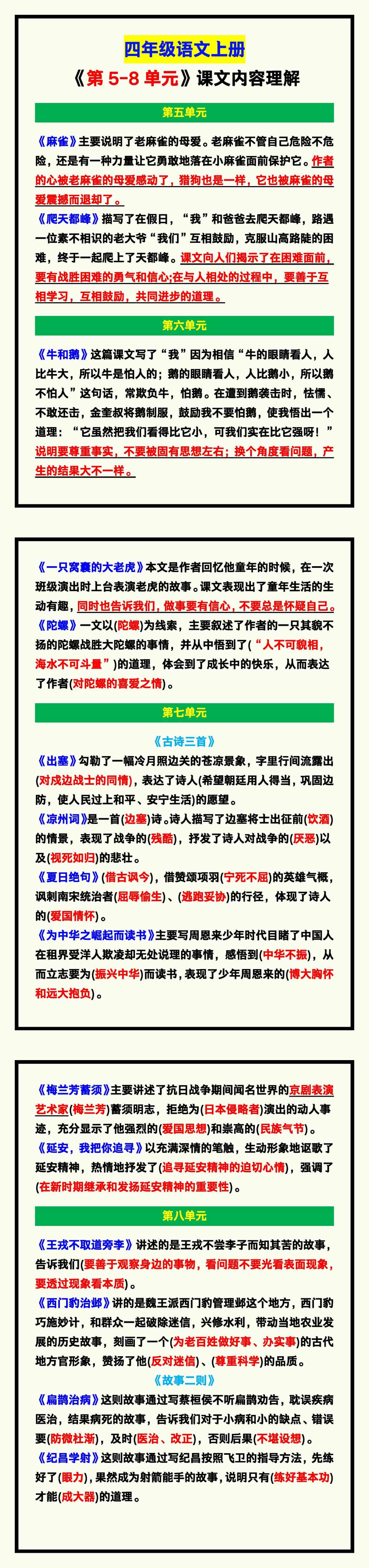 四年级语文上册《第5-8单元课文内容理解总结》