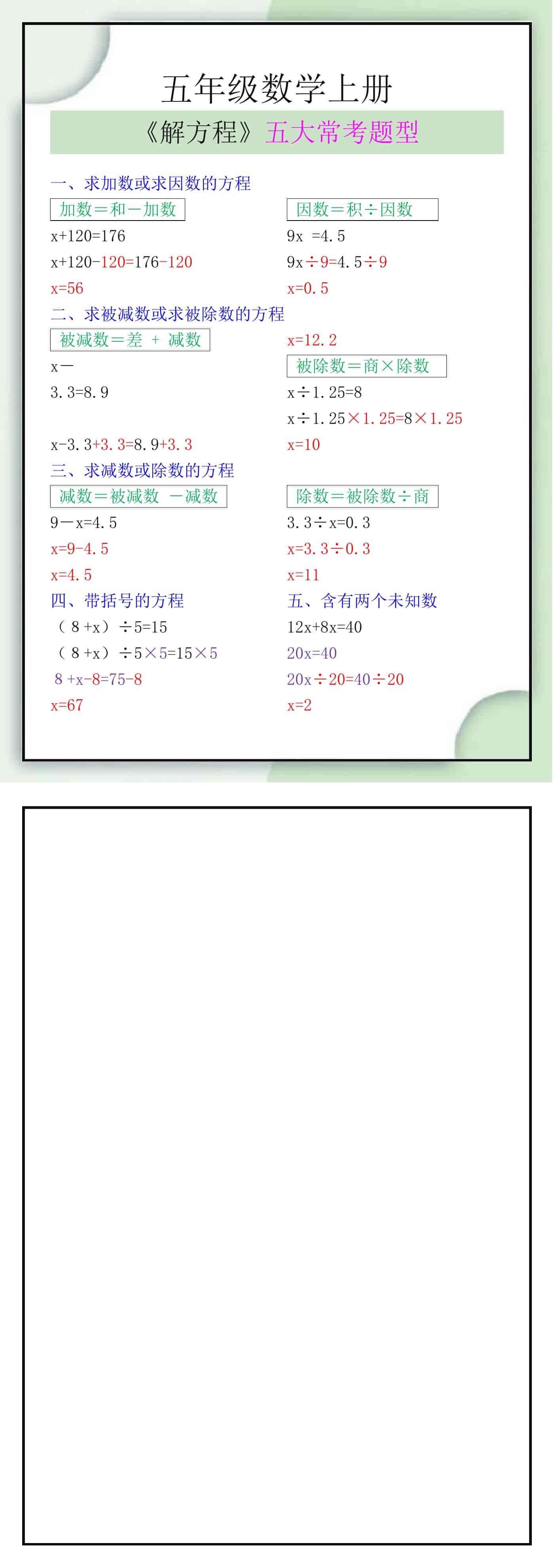 五年级数学上册《解方程》五大常考题型