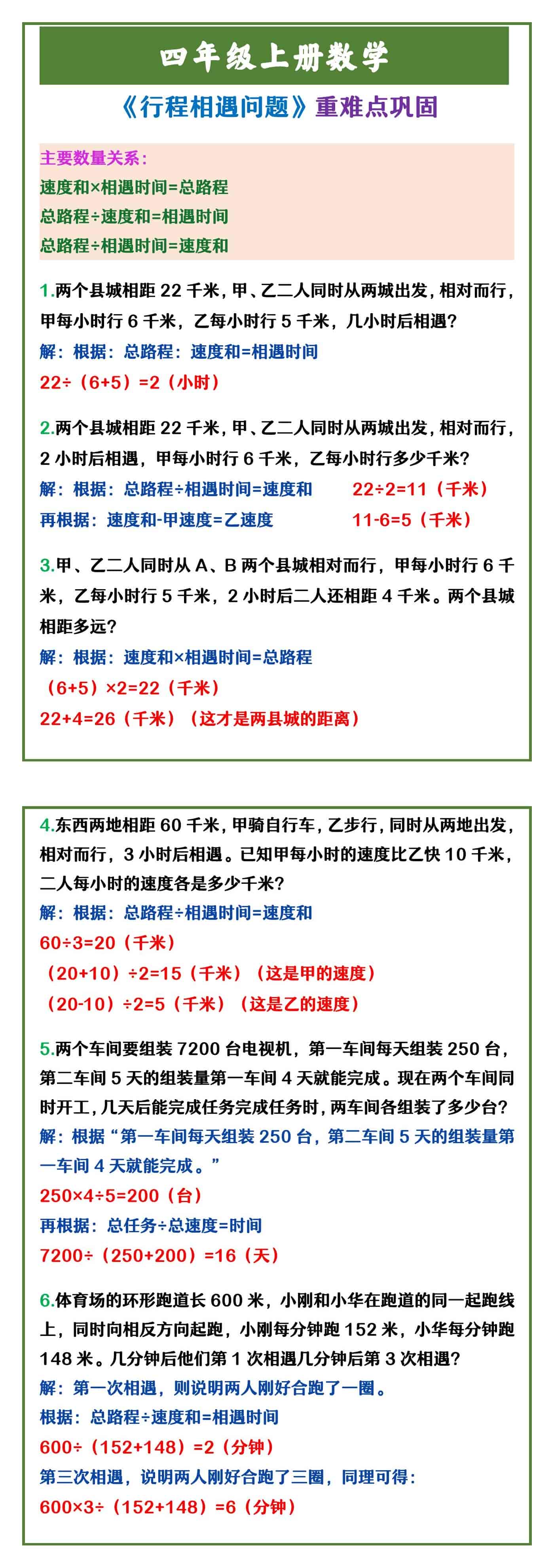 四年级上册数学 《行程相遇问题》重难点巩固