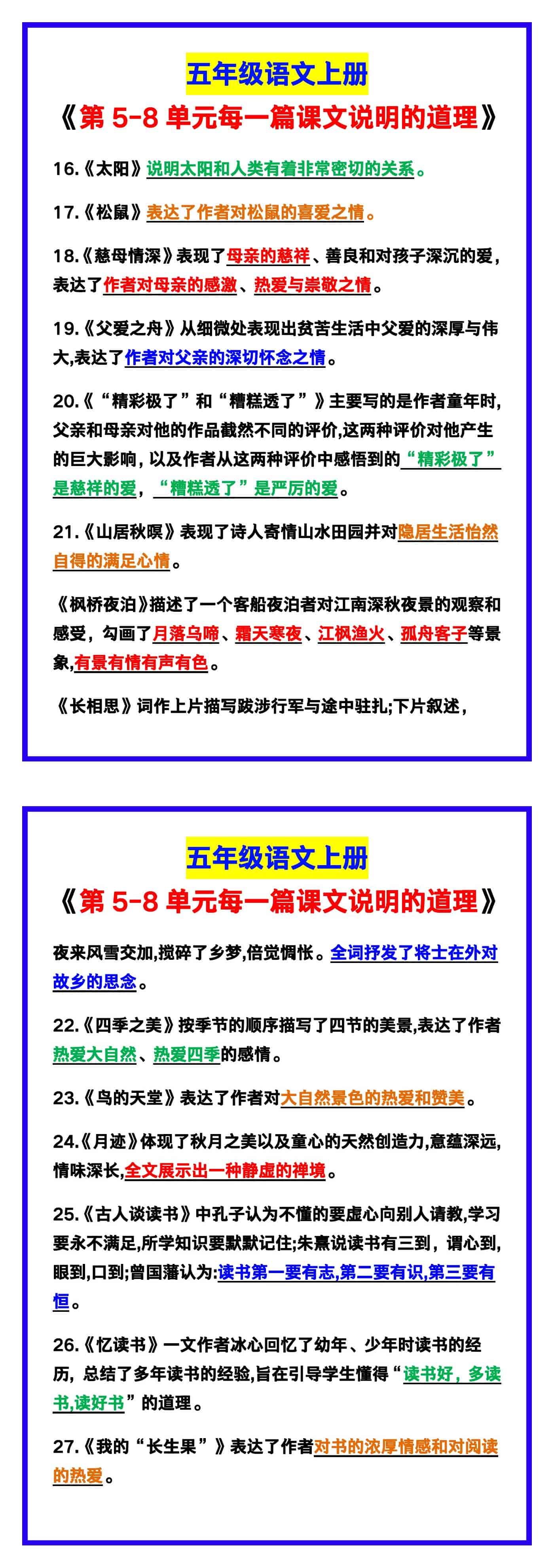 五年级语文上册《第5-8单元每一篇课文说明的道