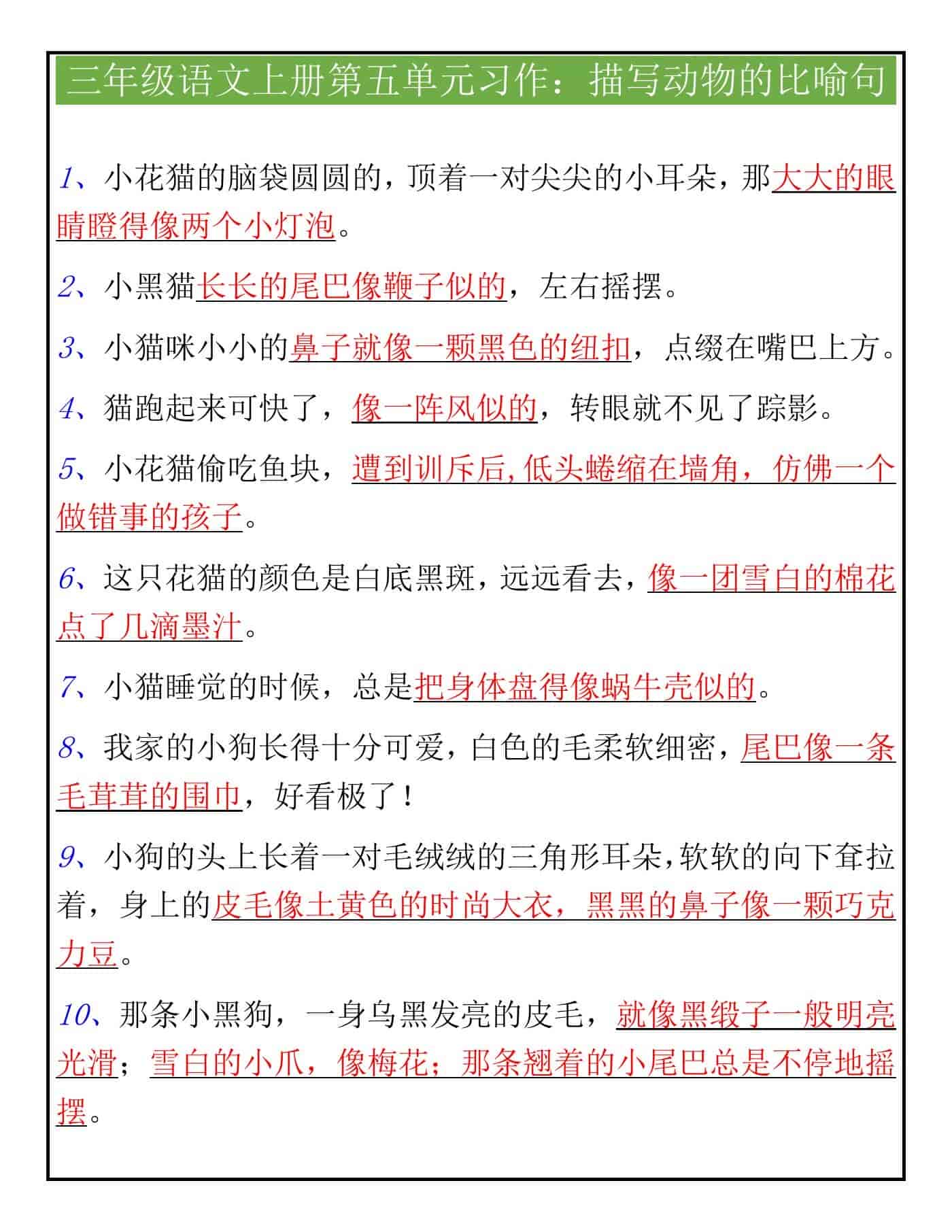 三年级语文上册第五单元习作素材：描写动物的