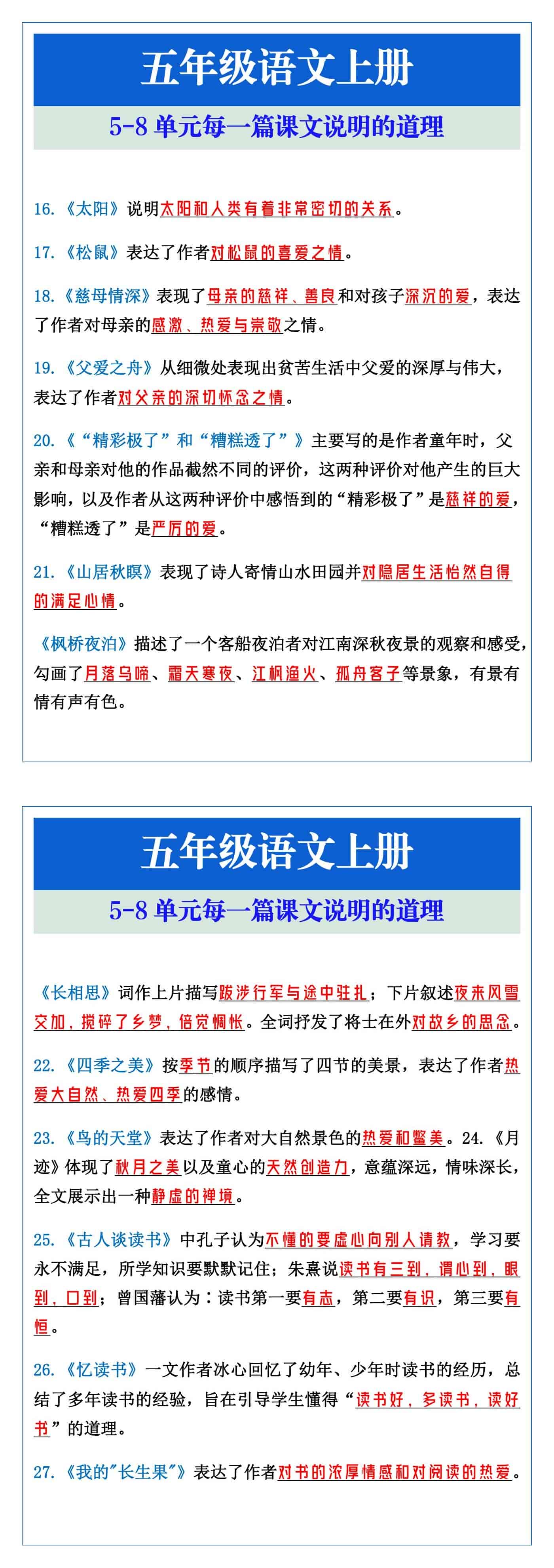 五年级语文上册5-8单元每一篇课文说明的道理