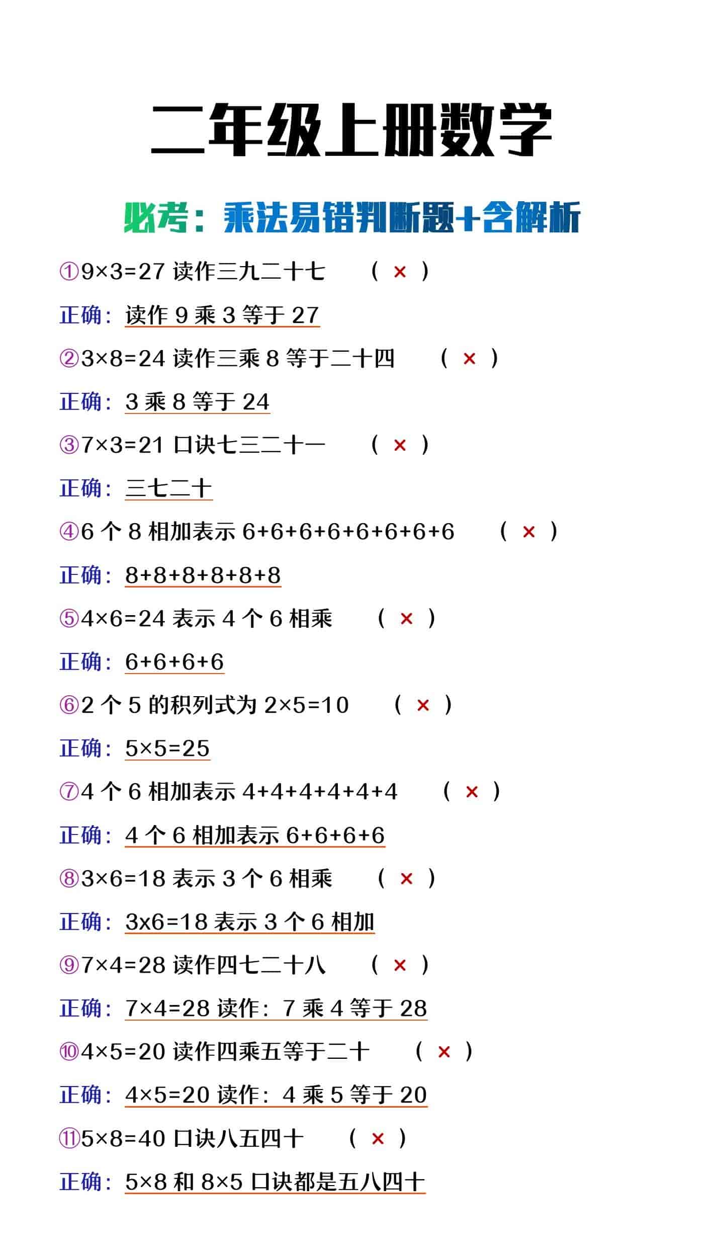 二年级上册数学《乘法易错判断题及解析》