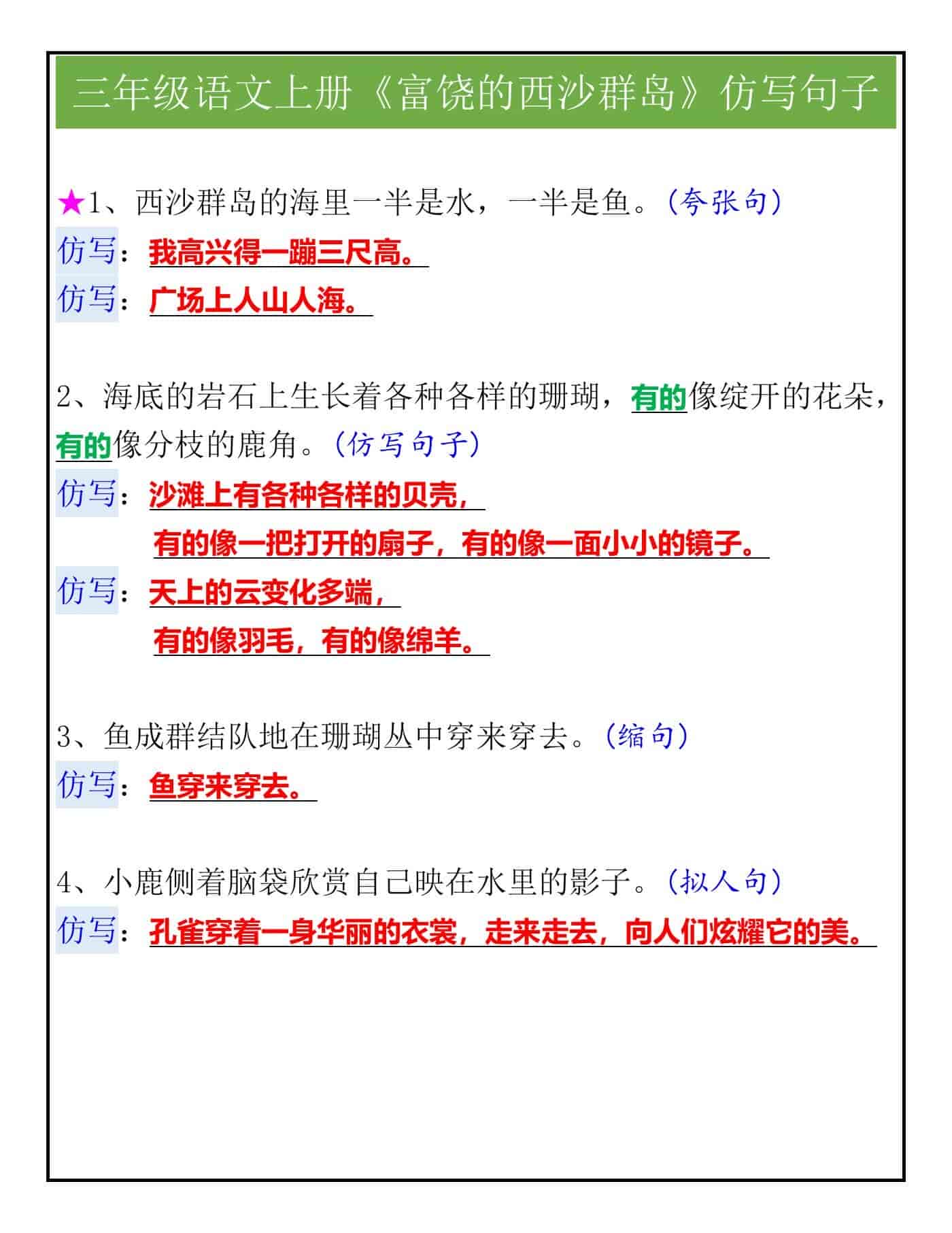 三年级语文上册《富饶的西沙群岛》仿写句子