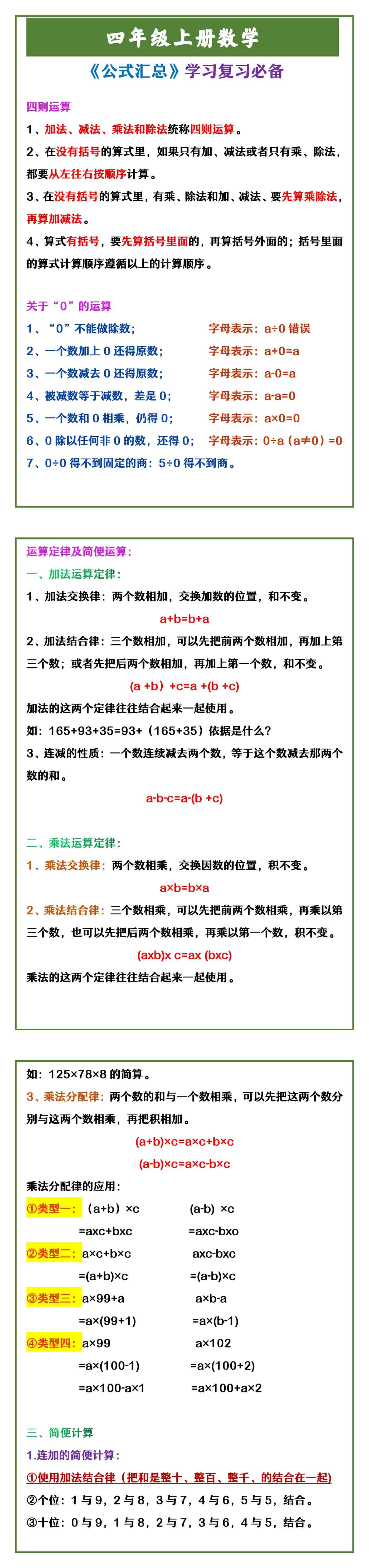 四年级上册数学 《公式汇总》学习复习必备