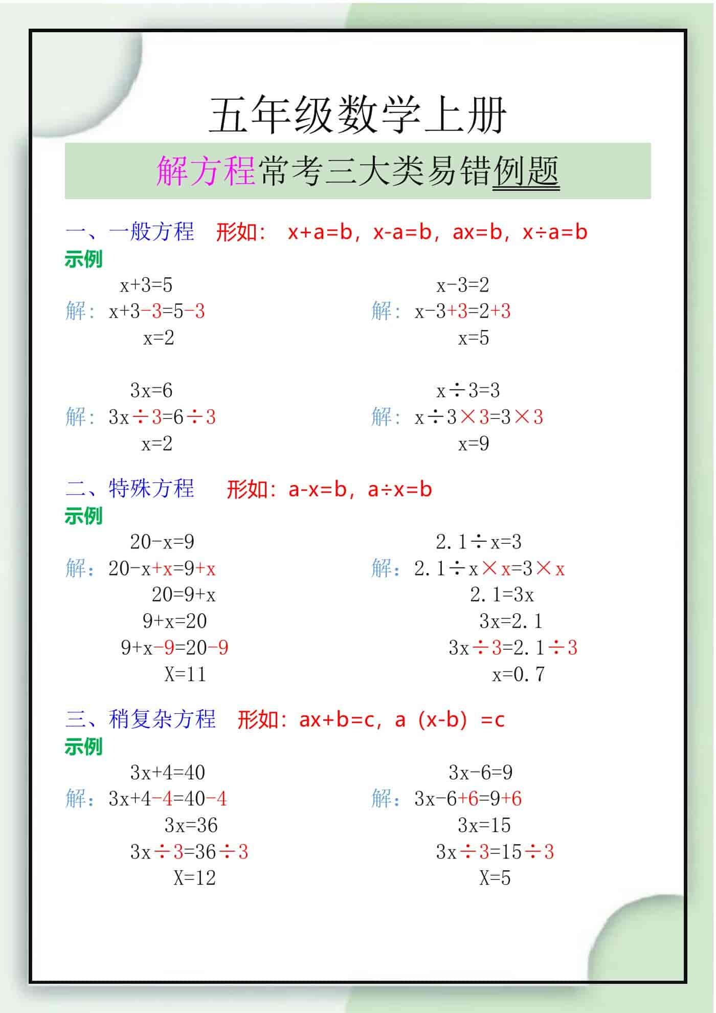 五年级数学上册解方程常考三大类易错例题