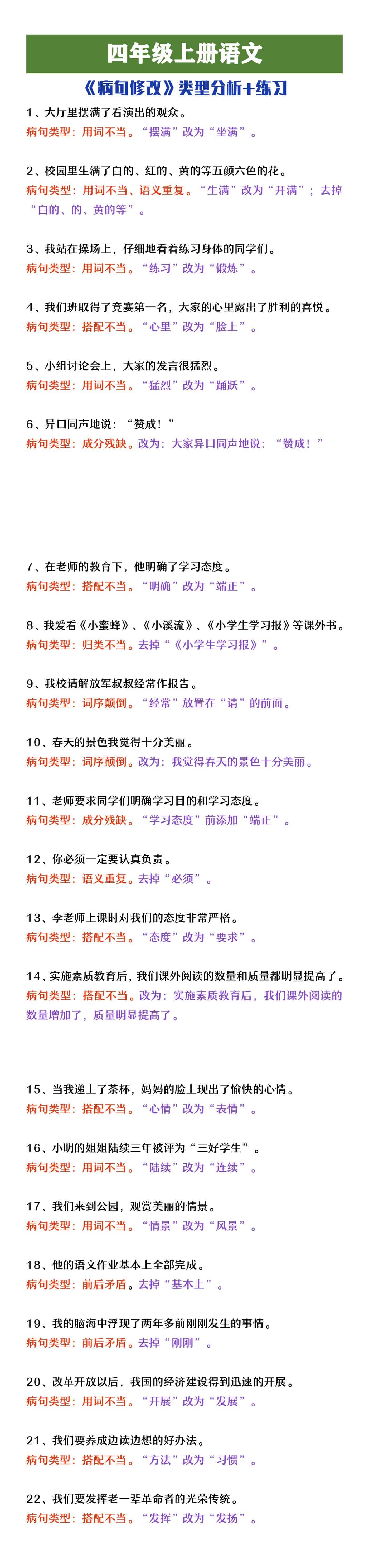 四年级上册语文病句修改类型分析及练习