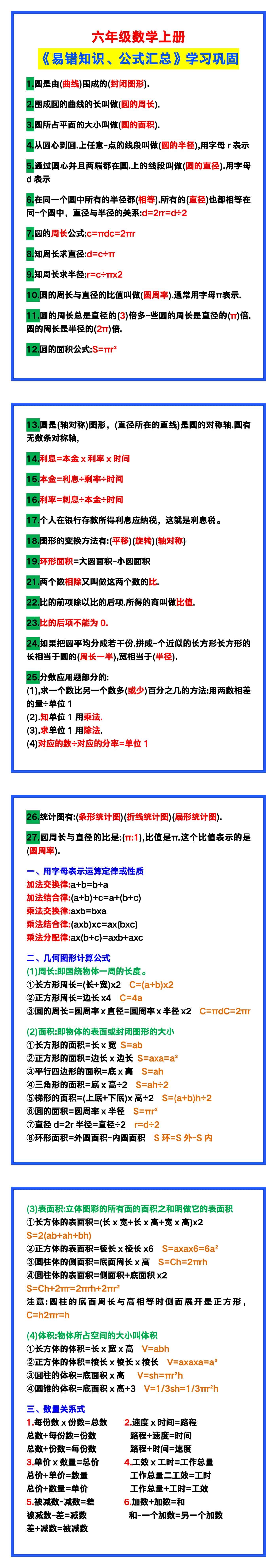 六年级数学上册《易错知识、公式汇总》，学习