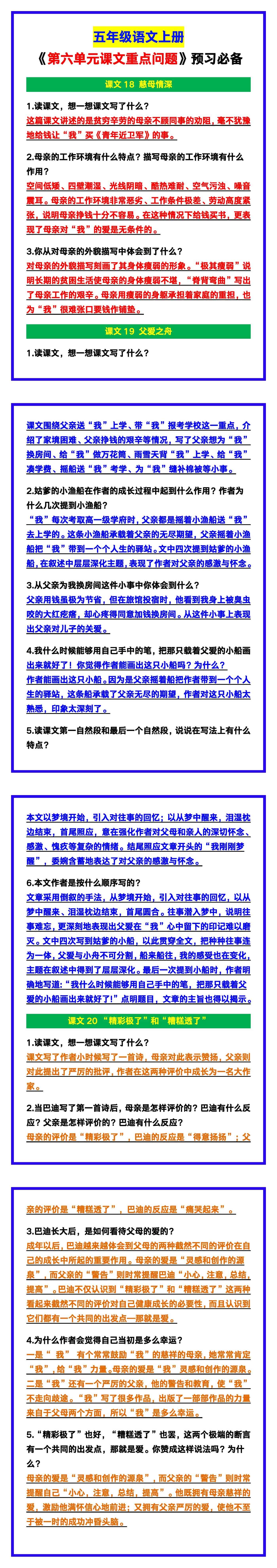 五年级语文上册《第六单元课文重点问题汇总》