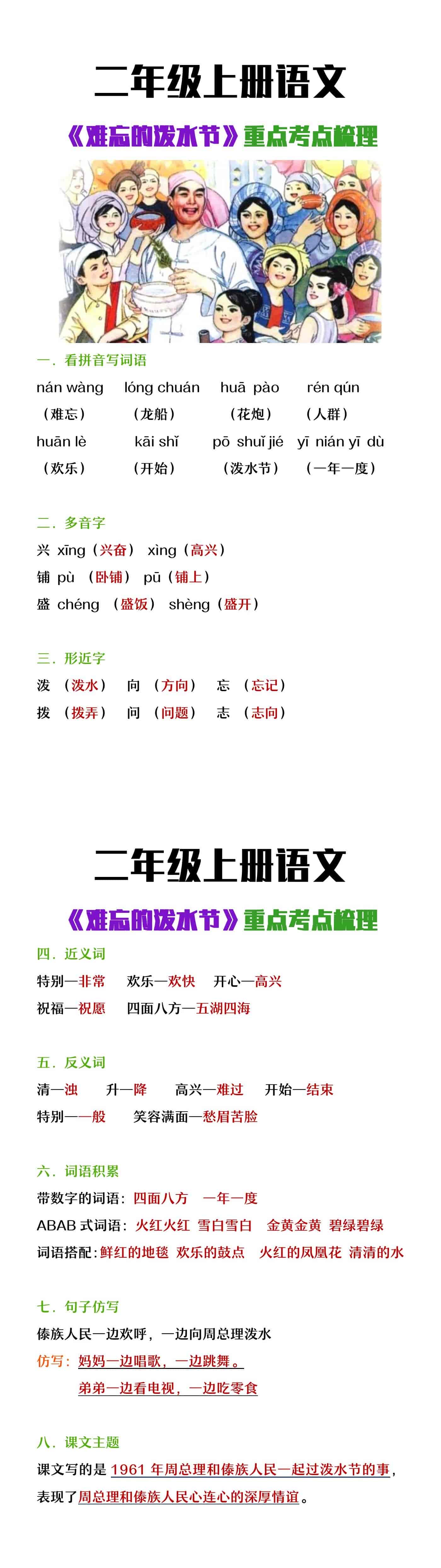 二年级上册语文《难忘的泼水节》重点考点梳理