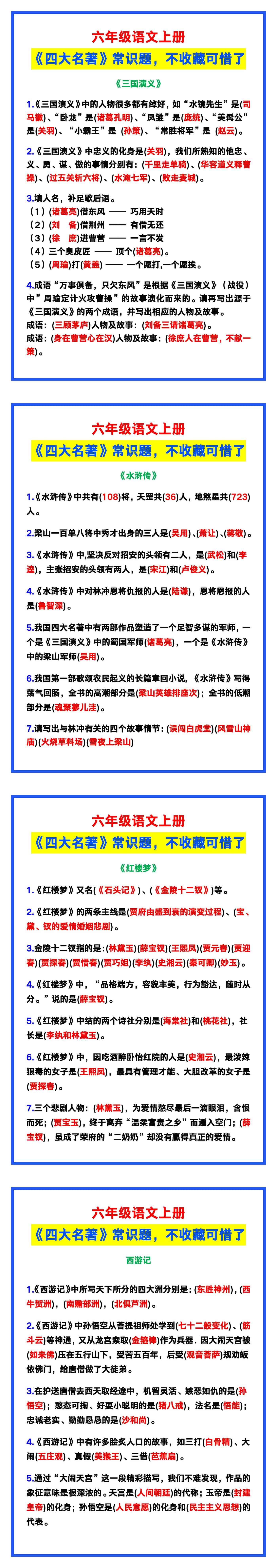 六年级语文上册《四大名著》常识题，不收藏可