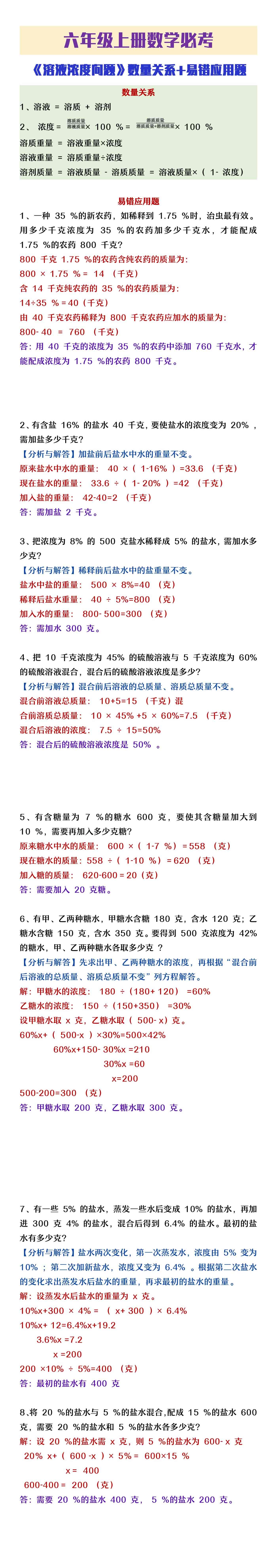 六年级上册数学必考《溶液浓度问题》数量关系