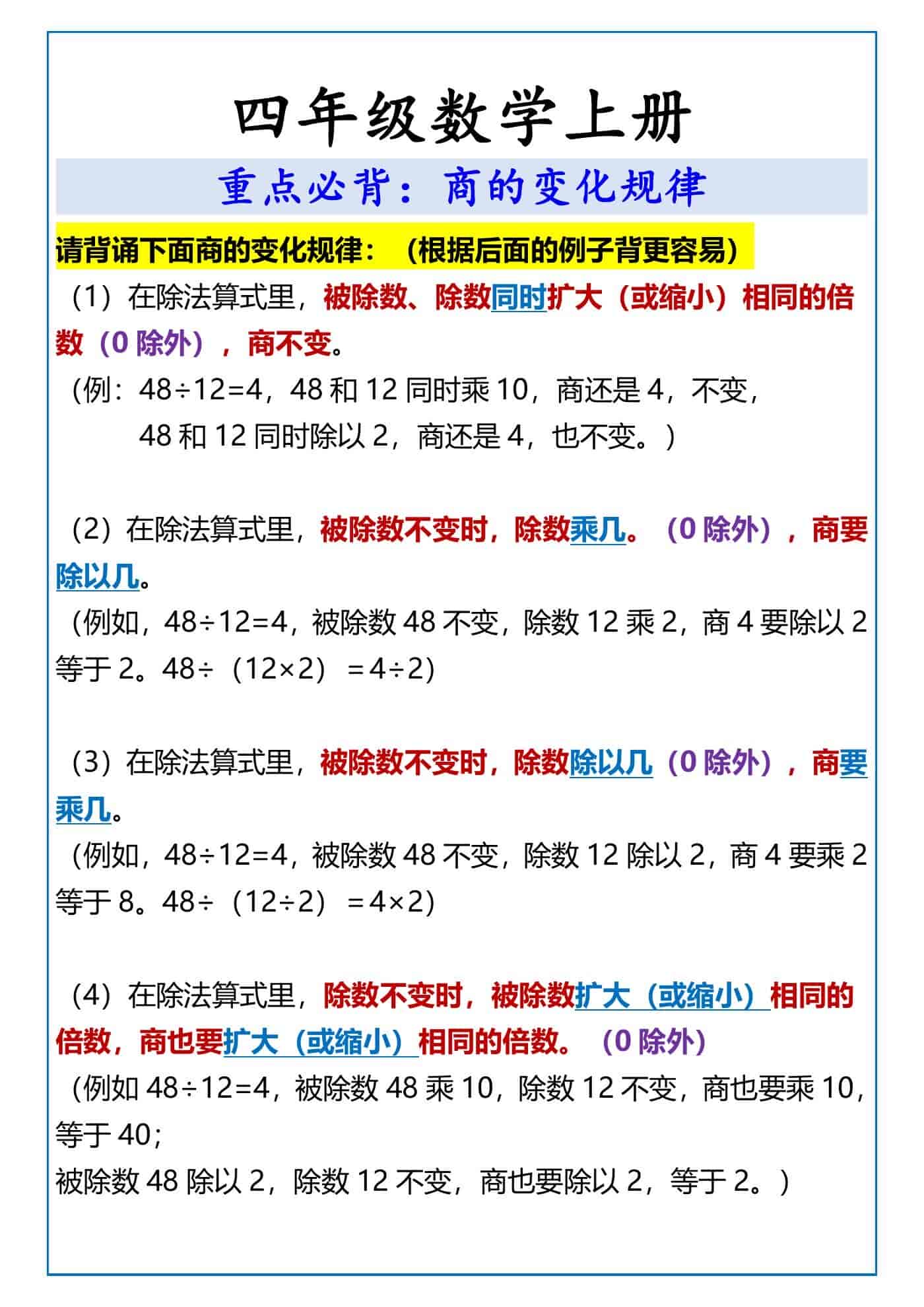 四年级数学上册重点必背：商的变化规律