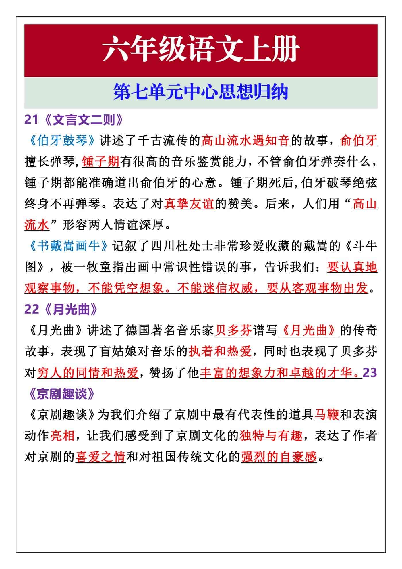六年级语文上册第七单元中心思想归纳