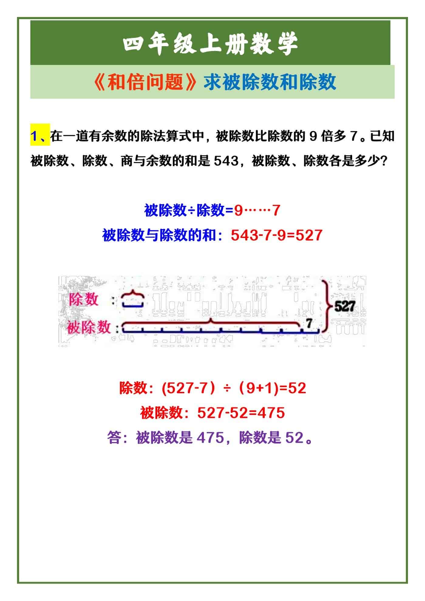 四年级上册数学 《和倍问题》求被除数和除数