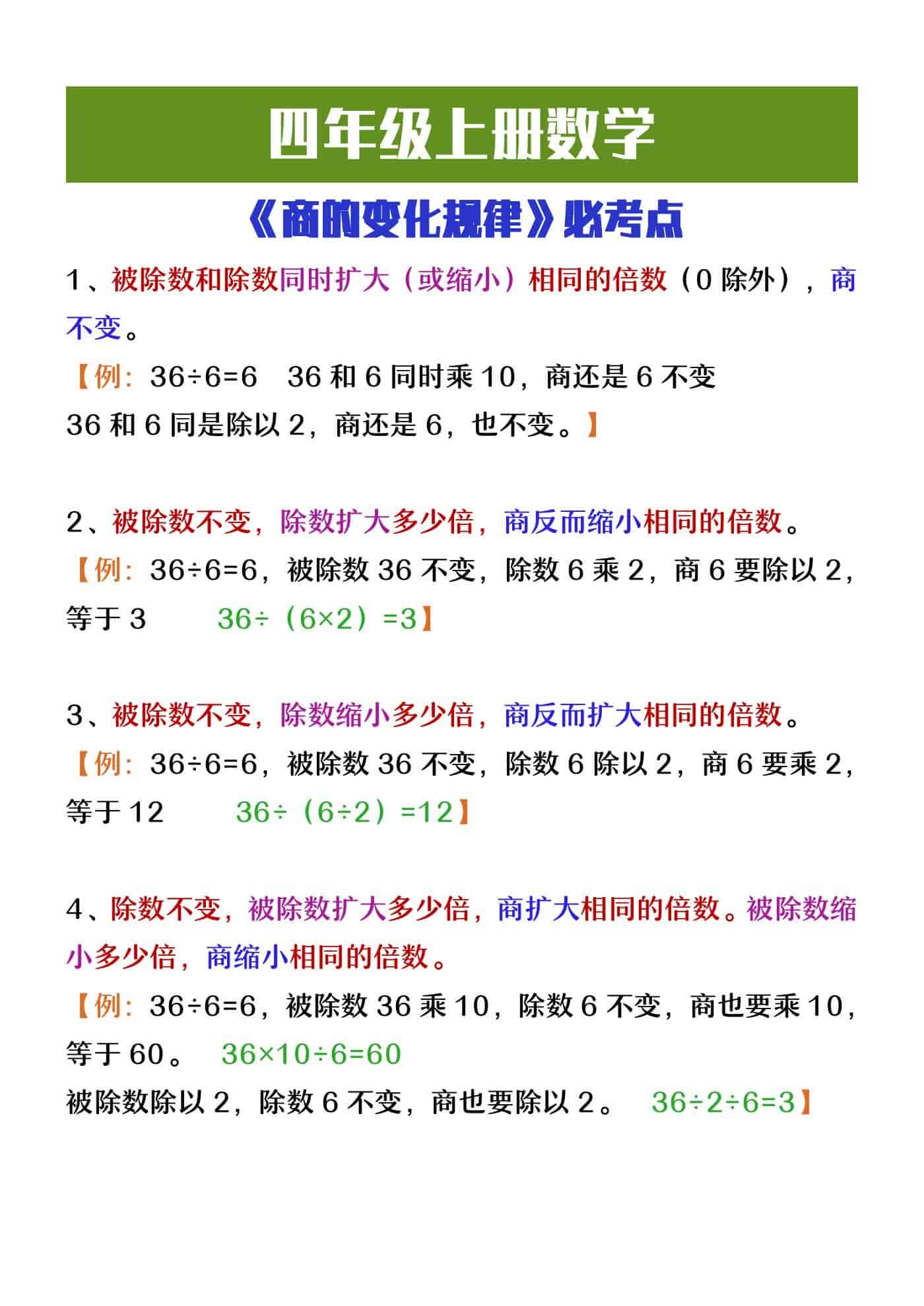 四年级上册数学《商的变化规律》必考点