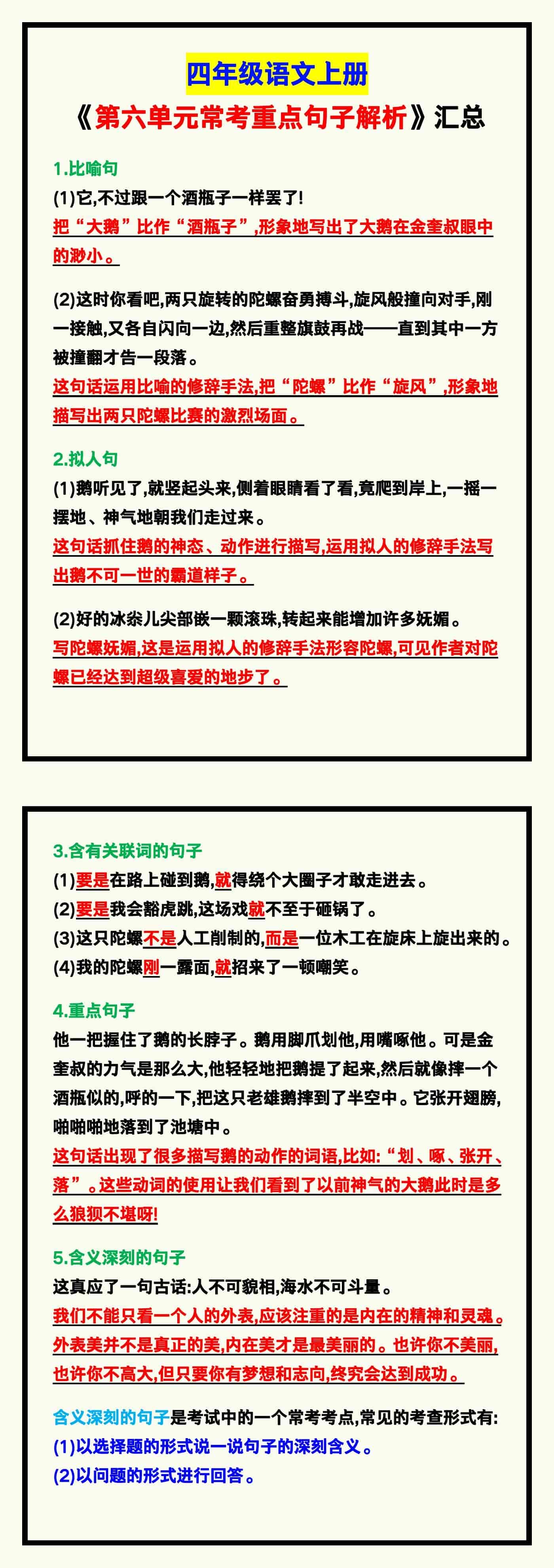 四年级语文上册《第六单元常考重点句子解析》