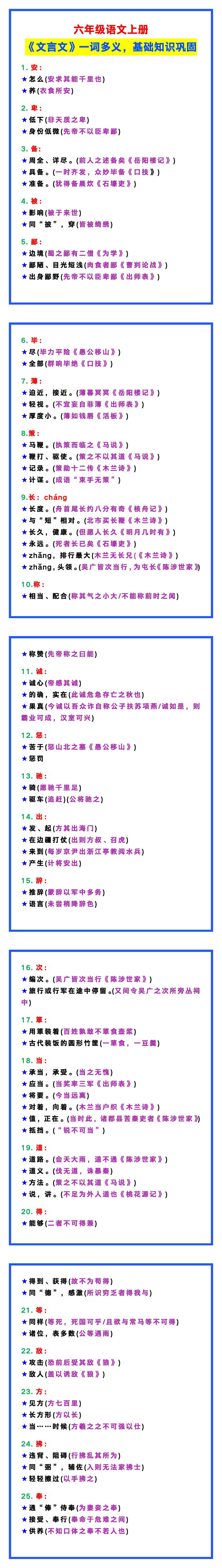 六年级语文上册《文言文》一词多义，基础知识