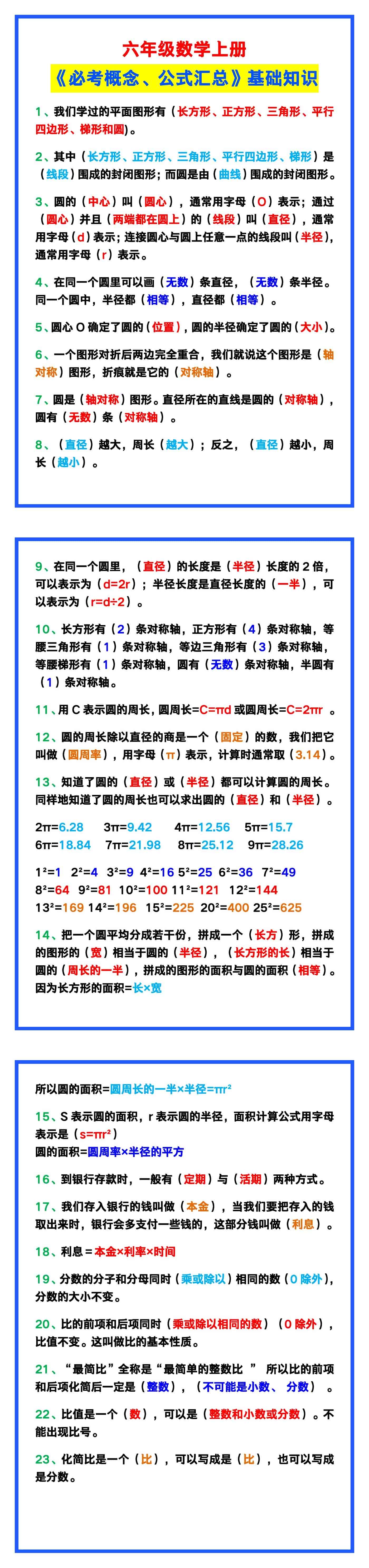 六年级数学上册《必考概念、公式汇总》，基础