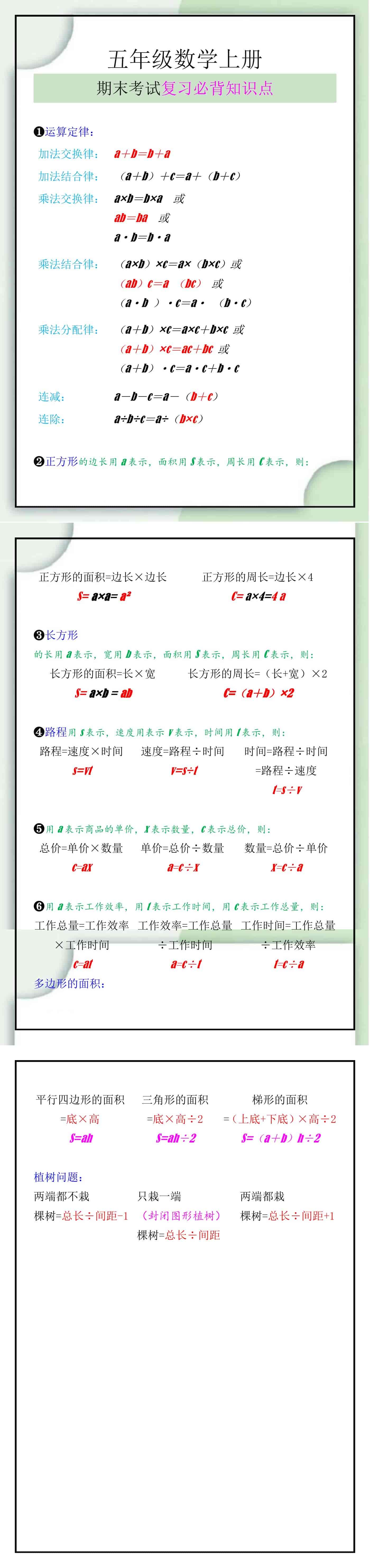 五年级数学上册期末考试复习必背知识点